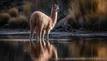 fofa alpaca pastar em exuberante verde Relva gerado de ai foto