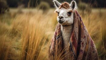 fofa alpaca olhando às Câmera dentro Prado gerado de ai foto