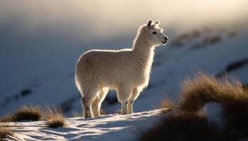 fofo alpaca carrinhos dentro Nevado montanha Prado gerado de ai foto