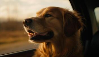 dourado retriever cachorro sentado dentro carro, sorridente gerado de ai foto