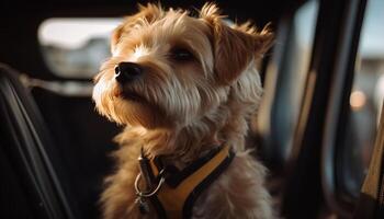 fofa de raça pura terrier sentado dentro carro janela gerado de ai foto