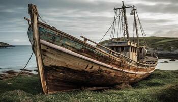 abandonado pescaria barco descansos em tranquilo litoral gerado de ai foto