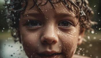 sorridente criança goza brincalhão verão gota de chuva Diversão gerado de ai foto