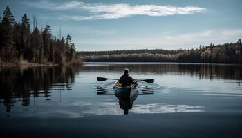 homens e mulheres canoagem dentro tranquilo Alberta floresta gerado de ai foto