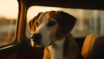 fofa cachorro sentado, olhando através carro janela gerado de ai foto