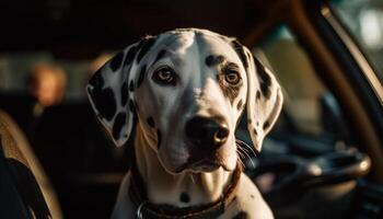 de raça pura cachorro sentado dentro carro, olhando ao ar livre gerado de ai foto