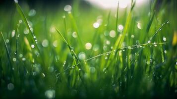 imagem do verde Relva com uma orvalho gotas, brilhante Claro luz borrão verde natureza bokeh em blackground. generativo ai foto