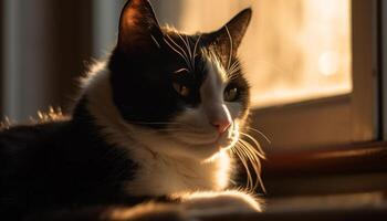 fofo gatinho encarando Fora janela, desfrutando luz solar gerado de ai foto