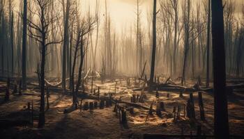 silhueta do assustador árvore dentro nebuloso floresta gerado de ai foto