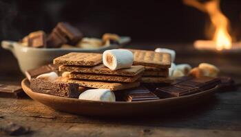 pilha do caseiro chocolate lasca biscoitos em madeira gerado de ai foto