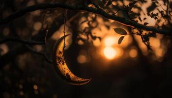 assustador floresta às crepúsculo, costas aceso silhueta gerado de ai foto