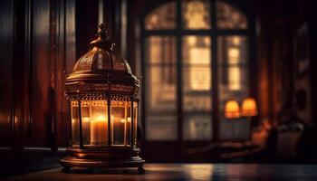 brilhando vela ilumina antigo lanterna dentro Trevas gerado de ai foto