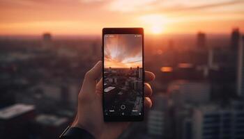 homem de negocios segurando telefone captura deslumbrante paisagem urbana às crepúsculo gerado de ai foto