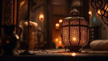 ornamentado lanterna iluminado noite, brilhando decoração tradição gerado de ai foto