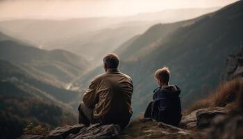 casal sentado, desfrutando montanha pico Visão juntos gerado de ai foto