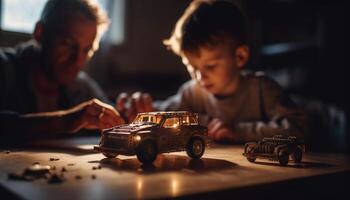 família alegria dirigindo pequeno carro, sorridente juntos gerado de ai foto