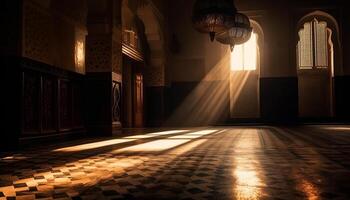 iluminado antigo corredor conduz para moderno espiritualidade gerado de ai foto