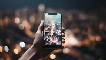 mão segurando Móvel telefone captura cidade vida noturna gerado de ai foto