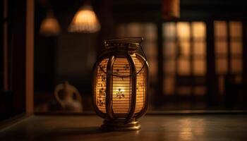 Antiguidade lanterna brilha com caloroso luz de velas dentro de casa gerado de ai foto