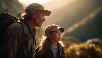 caucasiano casal caminhada a montanha, desfrutando natureza gerado de ai foto