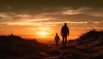 dois famílias abraço natureza em verão aventura gerado de ai foto