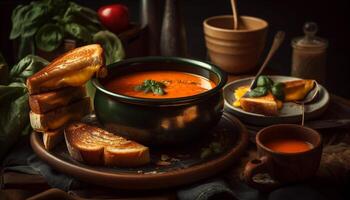 rústico mesa com fresco vegetal sopa fervendo gerado de ai foto