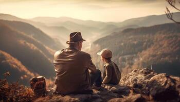 pai e filho abraçar, assistindo nascer do sol juntos gerado de ai foto