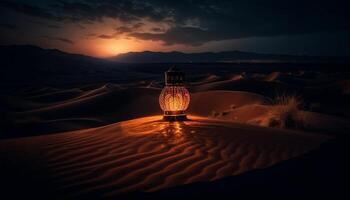 tranquilo pôr do sol sobre africano areia dunas gerado de ai foto