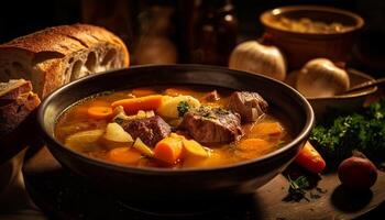 refogado carne ensopado com fresco legumes e pão gerado de ai foto