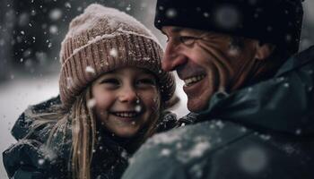 família vínculo ao ar livre dentro Nevado inverno retrato gerado de ai foto