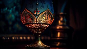 Antiguidade lanterna ilumina Sombrio mesa dentro ornamentado celebração gerado de ai foto