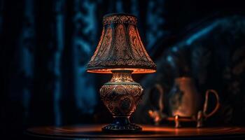 iluminado velho formado luminária em rústico de madeira mesa gerado de ai foto