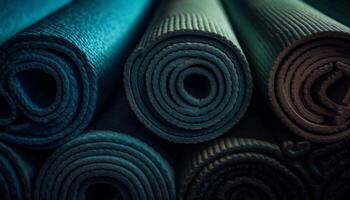 azul ioga tapetes enrolado acima dentro variando formas gerado de ai foto