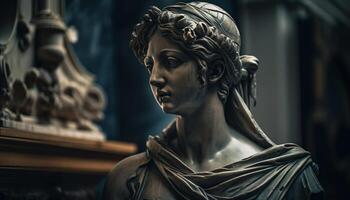 Rezar mulher admira a histórico mármore escultura gerado de ai foto