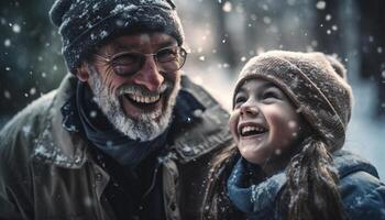 sorridente família abraços inverno alegria e união gerado de ai foto