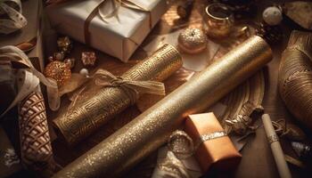 brilhante dourado pacote embrulhado dentro festivo papel gerado de ai foto