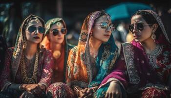 sorridente jovem adultos dentro colorida tradicional roupas gerado de ai foto