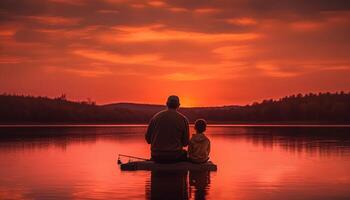 pai e filho pescaria debaixo a pôr do sol gerado de ai foto