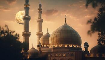 majestoso minarete ilumina antigo azul mesquita às crepúsculo gerado de ai foto