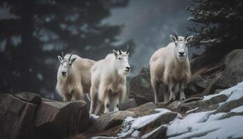 chifrudo bode em pé em rochoso montanha terreno gerado de ai foto