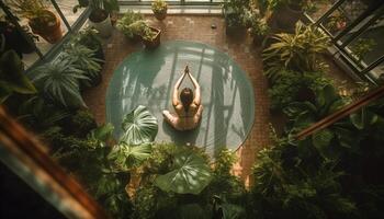 mulheres meditando dentro lótus posição, tropical paraíso gerado de ai foto