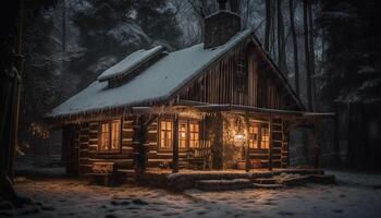 Nevado velho cabana dentro Sombrio floresta panorama gerado de ai foto