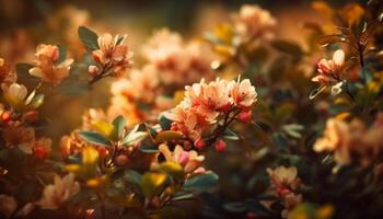 Rosa pétalas iluminar verde folhas dentro primavera gerado de ai foto