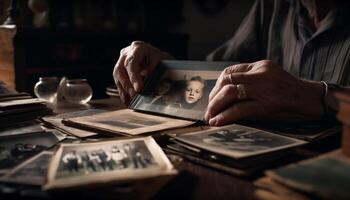 velho homem segurando livro, construindo recordações dentro de casa gerado de ai foto
