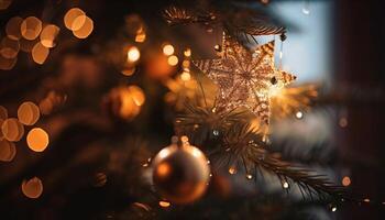 vibrante Natal árvore ilumina a Sombrio noite gerado de ai foto