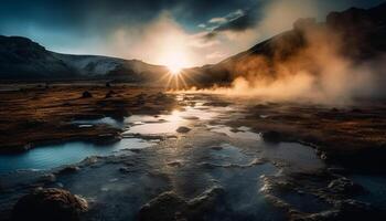 majestoso montanha alcance refletido dentro tranquilo água gerado de ai foto