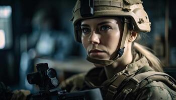 confiante soldado mira rifle, perícia e determinação gerado de ai foto