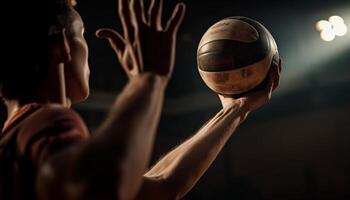 equipe do adulto homens jogando competitivo voleibol dentro de casa gerado de ai foto