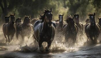 corrida rebanho do cavalos espirrando através água gerado de ai foto