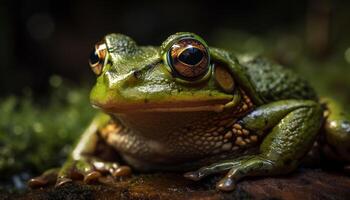 verde árvore rã sentado em molhado folha gerado de ai foto